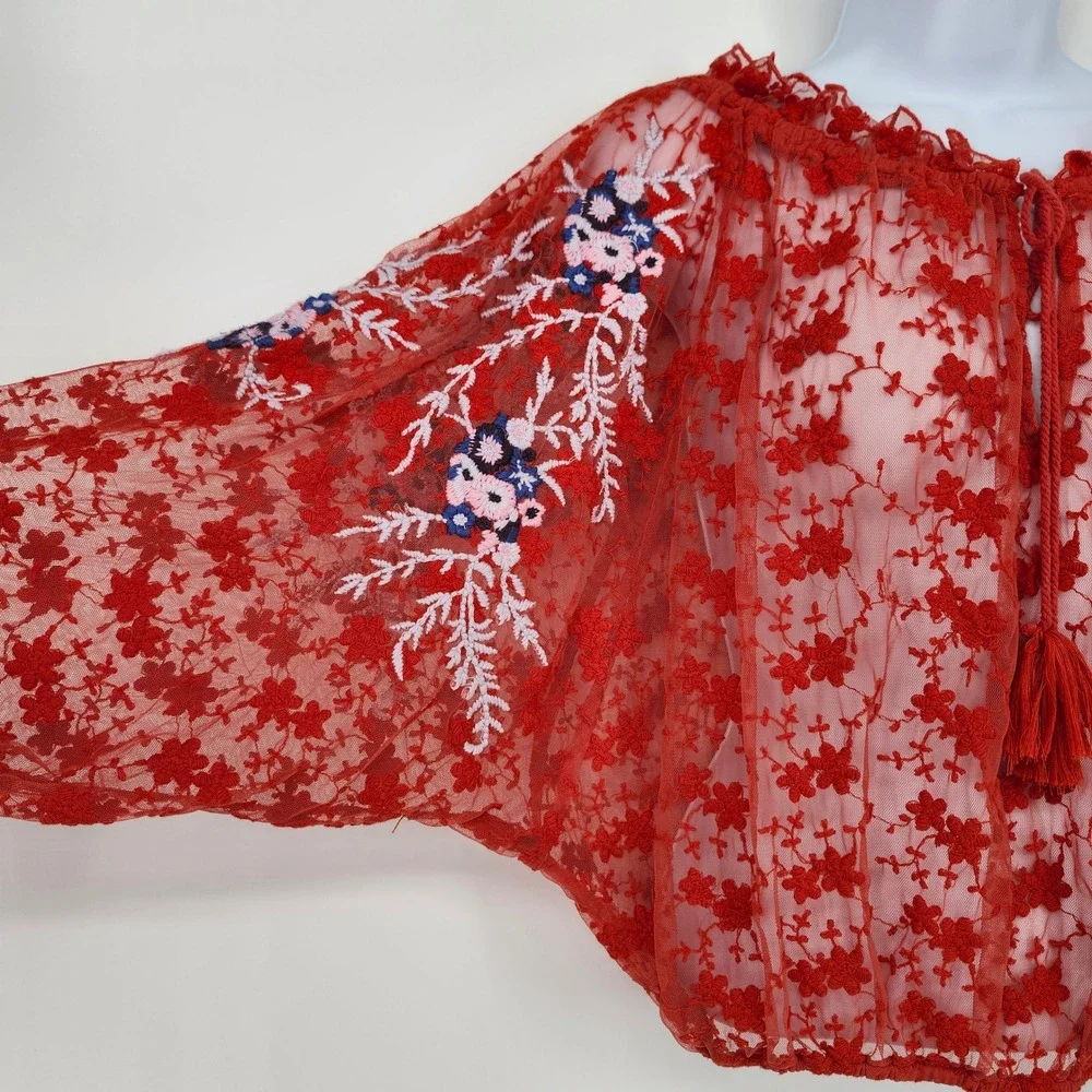 Free People Red Sheer Lace Floral Boho Top Womens XS Romantic Ethereal Fairy‎